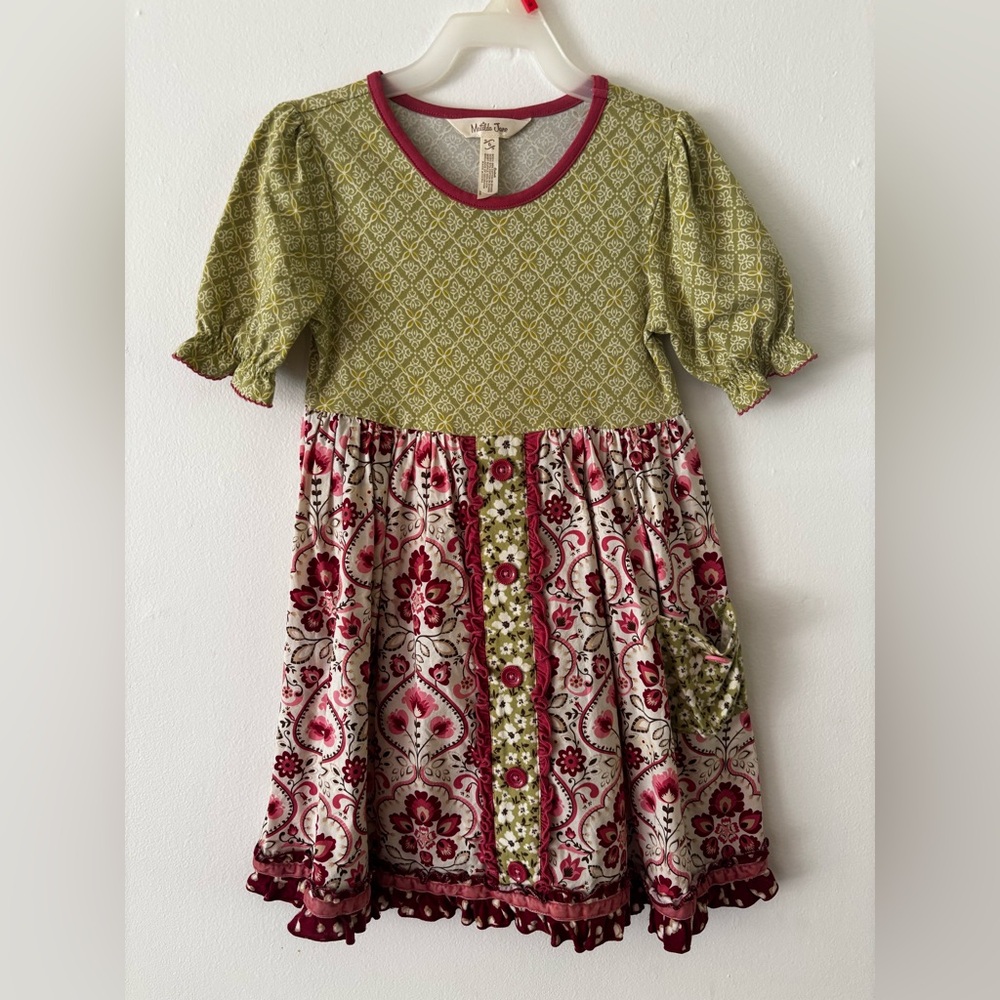 Matilda Jane Girls Pink and Green Floral Ruffle Casual Fall Dress size 6
